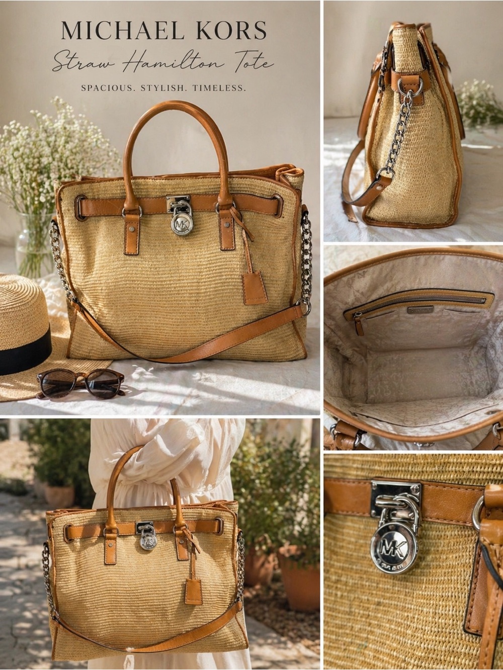 Michael Kors Straw Hamilton Tote Large Tan Leather Trim Satchel